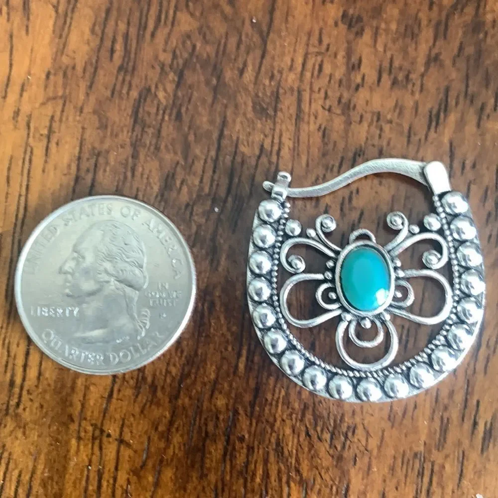 Balinese Style Openwork Hoop Earrings in Silver Tone with Turquoise Accents